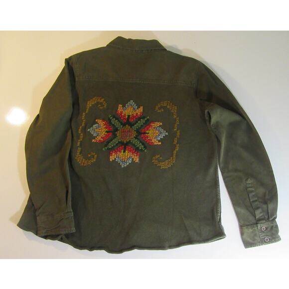 Miss Me Vintage Olive Green ButtonUp Long Sleeve Shirt Embroidered Back Ladies M - Picture 1 of 11